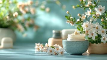 Soft blue background enhances a carefully arranged display of skincare products alongside fresh blossoms. The setting conveys a serene, natural beauty, perfect for relaxation. photo