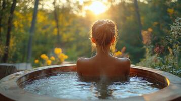 Enjoy a tranquil moment in a wooden hot tub while watching the sunset. The warm glow lights up the serene surroundings filled with nature and blooming flowers. photo