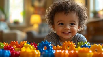 A cheerful toddler with curly hair enjoys playing with vibrant, interlocking building blocks on the floor of a warm, inviting living room filled with afternoon light. photo