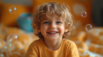A cheerful boy with curly hair enjoys playtime on a soft bed, beaming with happiness as bubbles float around him. The vibrant colors create a joyful atmosphere. photo