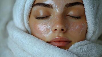 A young woman enjoys a calming facial treatment with a hydrating mask applied to her skin while wrapped in a soft towel. The serene setting promotes relaxation. photo