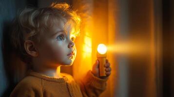 A young child holds a flashlight, captivated by the beam of light illuminating the room. Warm tones create a cozy atmosphere as evening approaches. photo