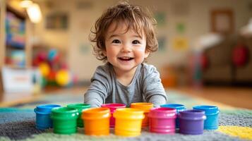 A cheerful young child beams with joy while playing with a set of vibrant colored cups arranged on a cozy rug in a well-lit room filled with toys. photo