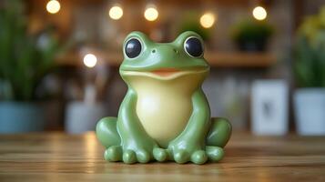 A cheerful green frog figurine rests on a wooden table in a warm indoor setting. Soft bokeh lights create a cozy atmosphere enhancing the charm of the scene. photo