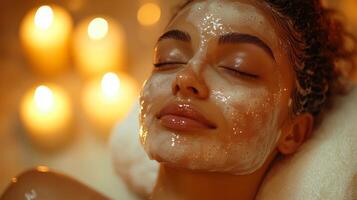 A woman lies peacefully with a face mask applied, surrounded by soft candlelight, creating a serene atmosphere for relaxation and rejuvenation at a spa. photo