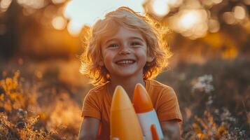 A young boy with curly hair smiles broadly while holding toy rockets in a warm, sunlit field. The golden hour enhances the joyful atmosphere and vibrant scenery. photo
