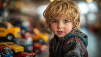A young boy with curly hair and bright blue eyes engages with an array of toy cars in a vibrant indoor play space. The atmosphere is cheerful and filled with colorful vehicles. photo