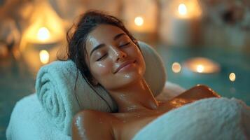 A woman peacefully relaxes at a spa, surrounded by candles and soft lighting. She enjoys a wellness treatment, creating a calm and tranquil ambiance, perfect for rejuvenation. photo