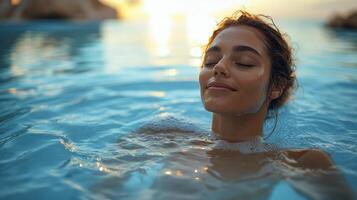 A woman is immersed in a calm pool, eyes closed and a peaceful expression on her face. The sun sets in the background, casting warm hues on the water. photo
