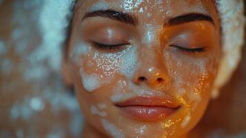 A woman lies relaxed with her eyes closed as a creamy mask creates bubbles on her face. She is in a serene spa environment, enjoying a refreshing facial treatment. photo