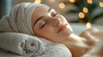 A young woman lies comfortably on a massage table, her eyes closed in relaxation. She has a towel on her head and is surrounded by warm, soft lights, creating a calming atmosphere for self-care. photo