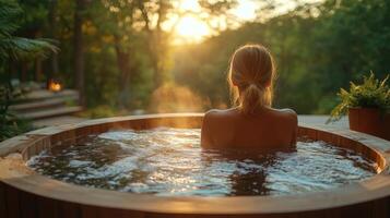 A person enjoys a serene soak in a wooden hot tub while surrounded by lush greenery, with warm sunlight filtering through trees during sunset, creating a calming atmosphere. photo