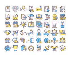 Factoring RGB color icons set. Invoicing, payment collection, funding, credit protection, and customer service. Isolated illustrations. Simple filled line drawings collection. Editable stroke vector