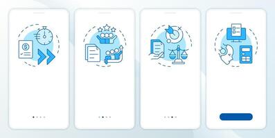 Financial close advantages blue onboarding mobile app screen. Walkthrough 4 steps editable graphic instructions with linear concepts. UI, UX, GUI template vector