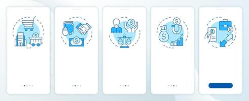General ledger documentation blue onboarding mobile app screen. Walkthrough 5 steps editable graphic instructions with linear concepts. UI, UX, GUI template vector
