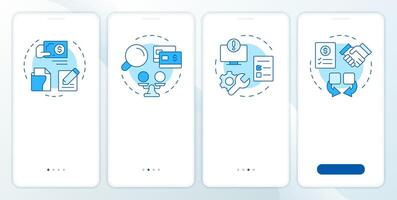 Financial close documentation blue onboarding mobile app screen. Walkthrough 4 steps editable graphic instructions with linear concepts. UI, UX, GUI template vector