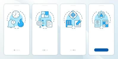 Financial close problems blue onboarding mobile app screen. Walkthrough 4 steps editable graphic instructions with linear concepts. UI, UX, GUI template vector