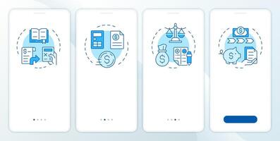 Financial statements management blue onboarding mobile app screen. Walkthrough 4 steps editable graphic instructions with linear concepts. UI, UX, GUI template vector
