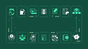 Financial close management green word concept. Accounting statements, business documentation. Visual communication. Artwith lettering text, editable glyph icons vector
