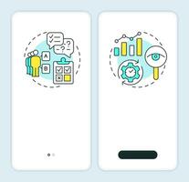 Market research types onboarding mobile app screen. Walkthrough 2 steps editable graphic instructions with linear concepts. UI, UX, GUI template vector