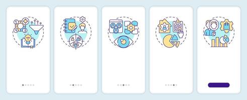 Market research methods onboarding mobile app screen. Walkthrough 5 steps editable graphic instructions with linear concepts. UI, UX, GUI template vector