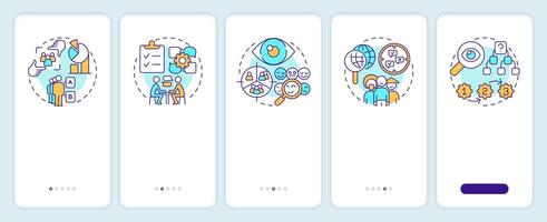 Market research methods types onboarding mobile app screen. Walkthrough 5 steps editable graphic instructions with linear concepts. UI, UX, GUI template vector