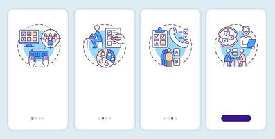 Survey types onboarding mobile app screen. Research methodology. Walkthrough 5 steps editable graphic instructions with linear concepts. UI, UX, GUI template vector