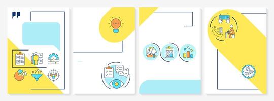 Market research methodologies blue and yellow brochure template. Leaflet design with linear icons. Editable 4 layouts for presentation, annual reports vector