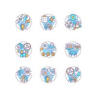 Research methods multi color concept icons. Data collecting, survey. Marketing strategy. Icon pack. Round shape illustrations for infographic, presentation. Abstract idea vector