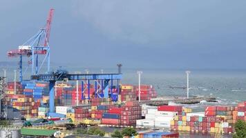 Odesa Ukraine - 09 29 2020. Cargo container terminal at maritime port. Time lapse. Logistic Import Export background. Sunny weather after storm in sea port video