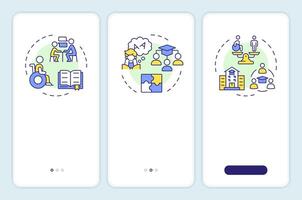 Approaches to education onboarding mobile app screen. School walkthrough 3 steps editable graphic instructions with linear concepts. UI, UX, GUI template vector