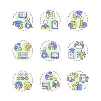 Special education multi color concept icons. Inclusive classes for students in school. Integrative learning programs. Icon pack. Round shape illustrations for articles. Abstract idea vector