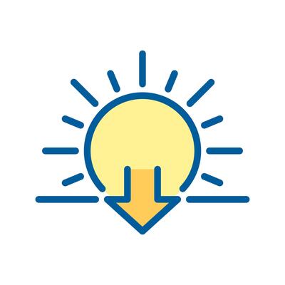 Sunset RGB color icon. Sun and downward arrow symbol. Evening time. Dusk symbol. Transition from day to night. Isolated illustration. Simple filled line drawing. Editable stroke