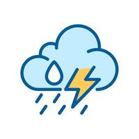 Storm RGB color icon. Weather forecast. Cloud with raindrops and lightning bolt. Thunderstorm. Severe weather conditions. Isolated illustration. Simple filled line drawing. Editable stroke vector