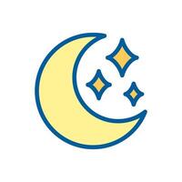 Moon RGB color icon. Crescent moon accompanied by sparkling stars. Symbol of nighttime and calmness. Night sky. Isolated illustration. Simple filled line drawing. Editable stroke vector