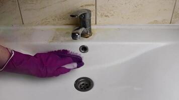 Time lapse female hands in purple gloves scrub and clean white ceramic sink and chrome faucet with cleaning liquid, sponge and brushes. Housework chore concept video
