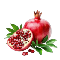 Collection of . A Whole and Half Pomegranate with Green Leaves, isolated on a transparency background. png