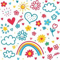 a colorful set of doodles with hearts, flowers, and clouds vector