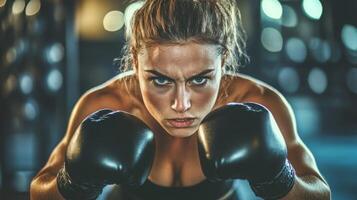 A woman with a determined expression wears boxing gloves and stares directly at the camera. The background is blurred, suggesting a gym environment. photo