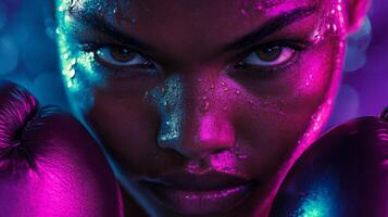 Sweat glistens on the fierce expression of a boxer, highlighting determination and focus. The colorful lighting enhances the atmosphere as the athlete prepares for a challenging bout. photo