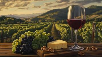 Vibrant grapes in shades of green and purple rest on a wooden table, accompanied by cheese and nuts. A glass of red wine captures the warm hues of sunset, with vineyards stretching into the distance. photo