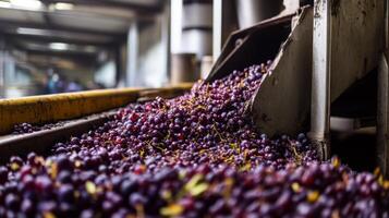 Freshly harvested grapes flow down a conveyor belt in a wine production facility, highlighting the natural winemaking process. Workers are seen in the background, focused on quality control. photo