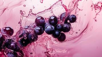 Fresh grapes are immersed in a splash of wine, creating a dynamic display of color and movement. The scene evokes the essence of natural winemaking, highlighting the beauty of the harvest. photo