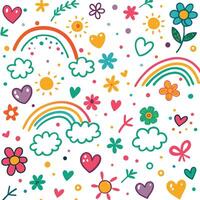 a colorful pattern with hearts, flowers and rainbows vector
