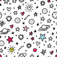 a seamless pattern with stars, planets and hearts vector