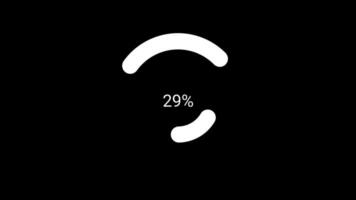 Loading animation with a white circle, displaying percentages from 0 to 100 video