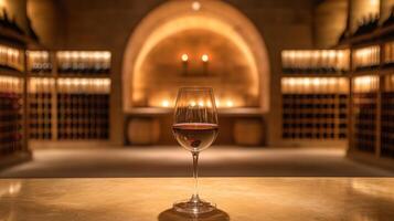 A beautiful wine glass filled with dark red wine stands prominently on a marble counter, surrounded by warm ambient lighting in an elegant cellar. photo