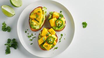 This vibrant dish features slices of toasted bread layered with creamy avocado, fresh mango chunks, and garnished with cilantro and jalapeno. Lime wedges add a zesty touch. photo