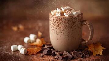 A steaming cup of hot chocolate sits surrounded by chocolate chunks and autumn leaves, with fluffy marshmallows on top. The warm colors and cozy atmosphere invite relaxation during fall. photo