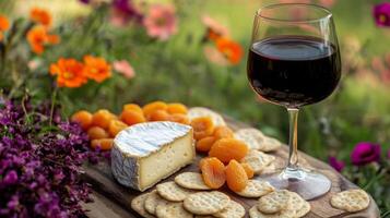 A beautifully arranged platter features creamy cheese, crunchy crackers, and sweet apricots, complemented by a glass of red wine. The vibrant garden serves as a serene backdrop. photo